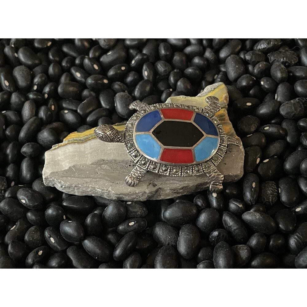 Sterling Silver Marcasite Enamel Turtle Tortuga Tortoise Brooch Pin 🐢Red Blue - Picture 2 of 10